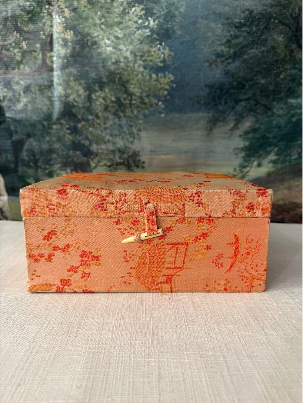 Vintage Chinese Jewelry Box with Red Satin Interior